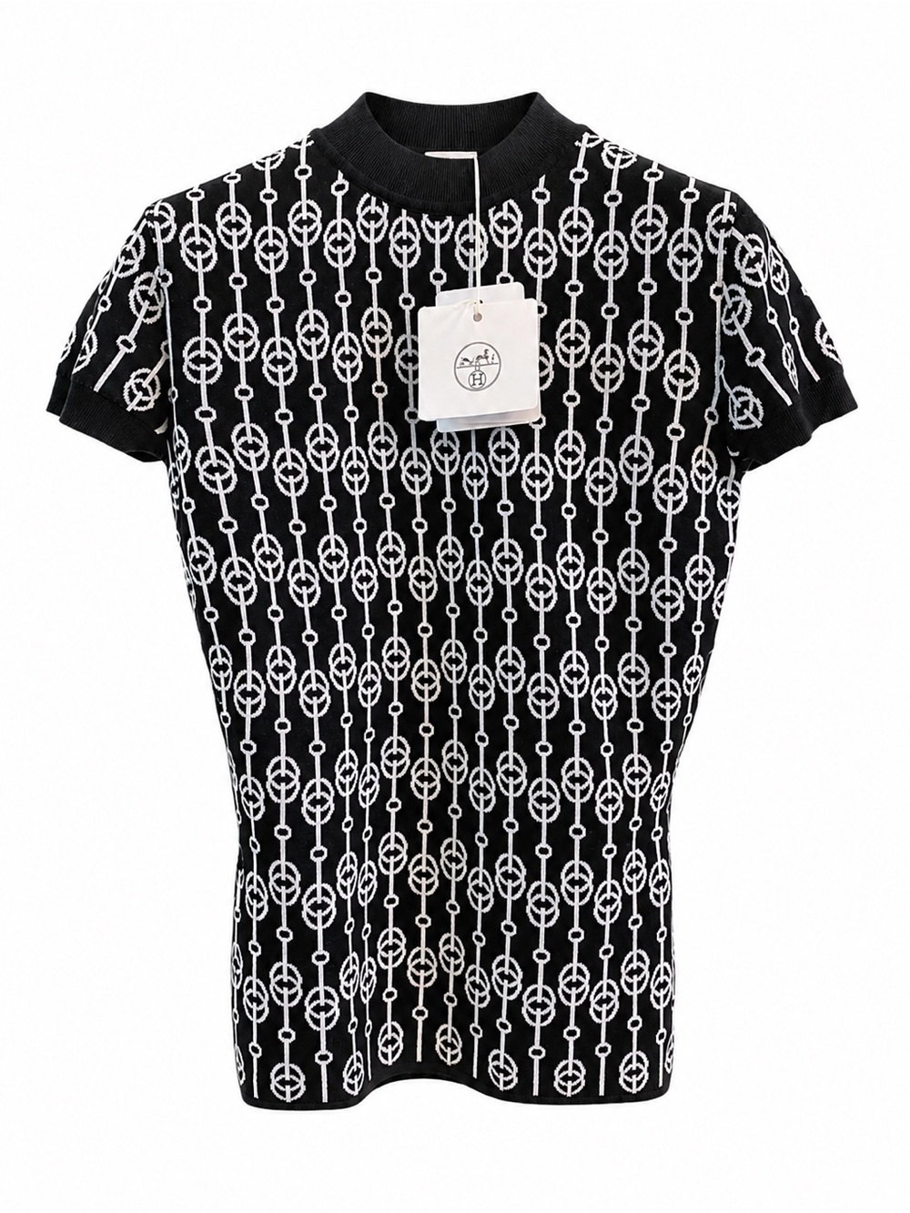 Hermes Black Short-Sleeve Knit Top with White Chain-Link Pattern
